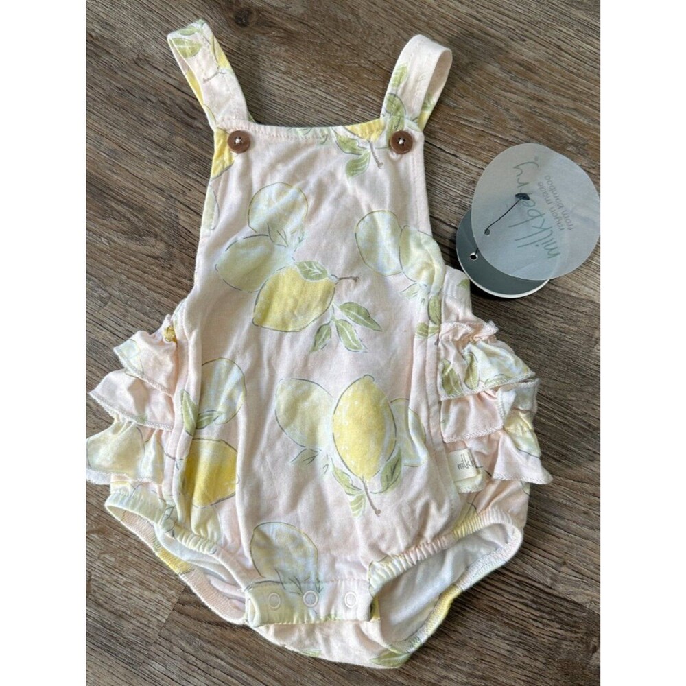 NWT Milkberry Baby Girl 0-3 Months Bubble Romper Yellow Lemon Bamboo Ruffle